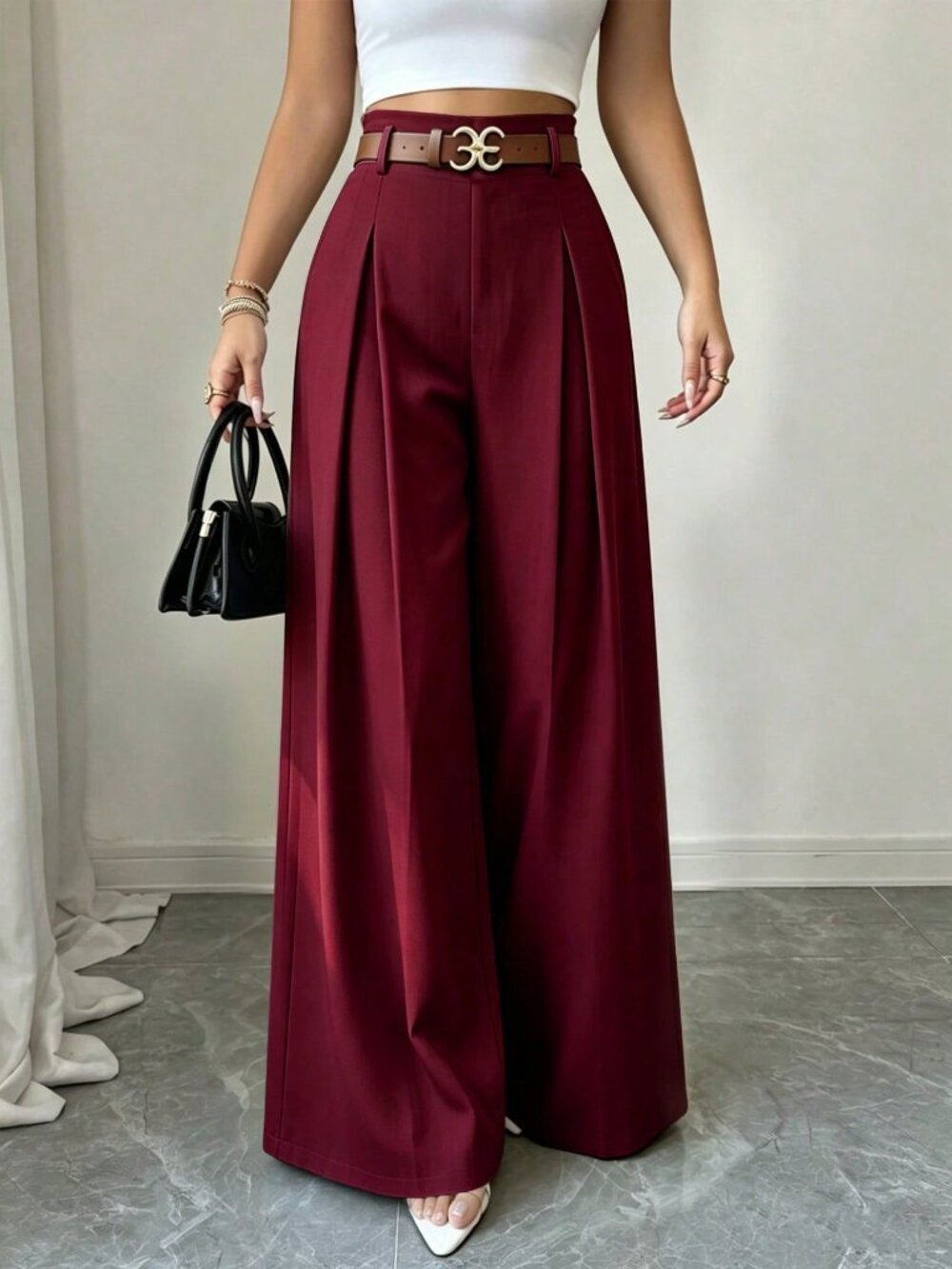 Burgundy Elegant Women's Pleated Wide Leg Long Pants